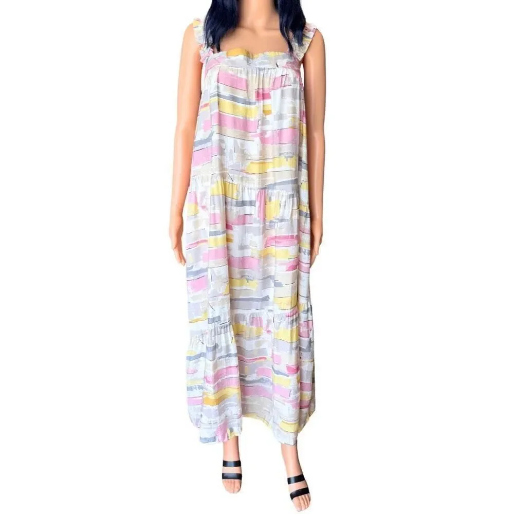 Moon River Abstract Tiered Maxi Dress Medium NWT Pink Yellow Boho Garden Party